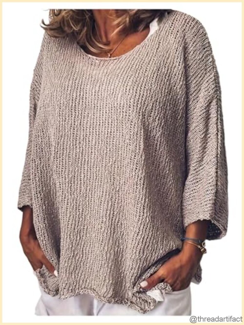 Plus Size Boat Neck 3/4 Sleeve Loose Knit Pullover Sweater
